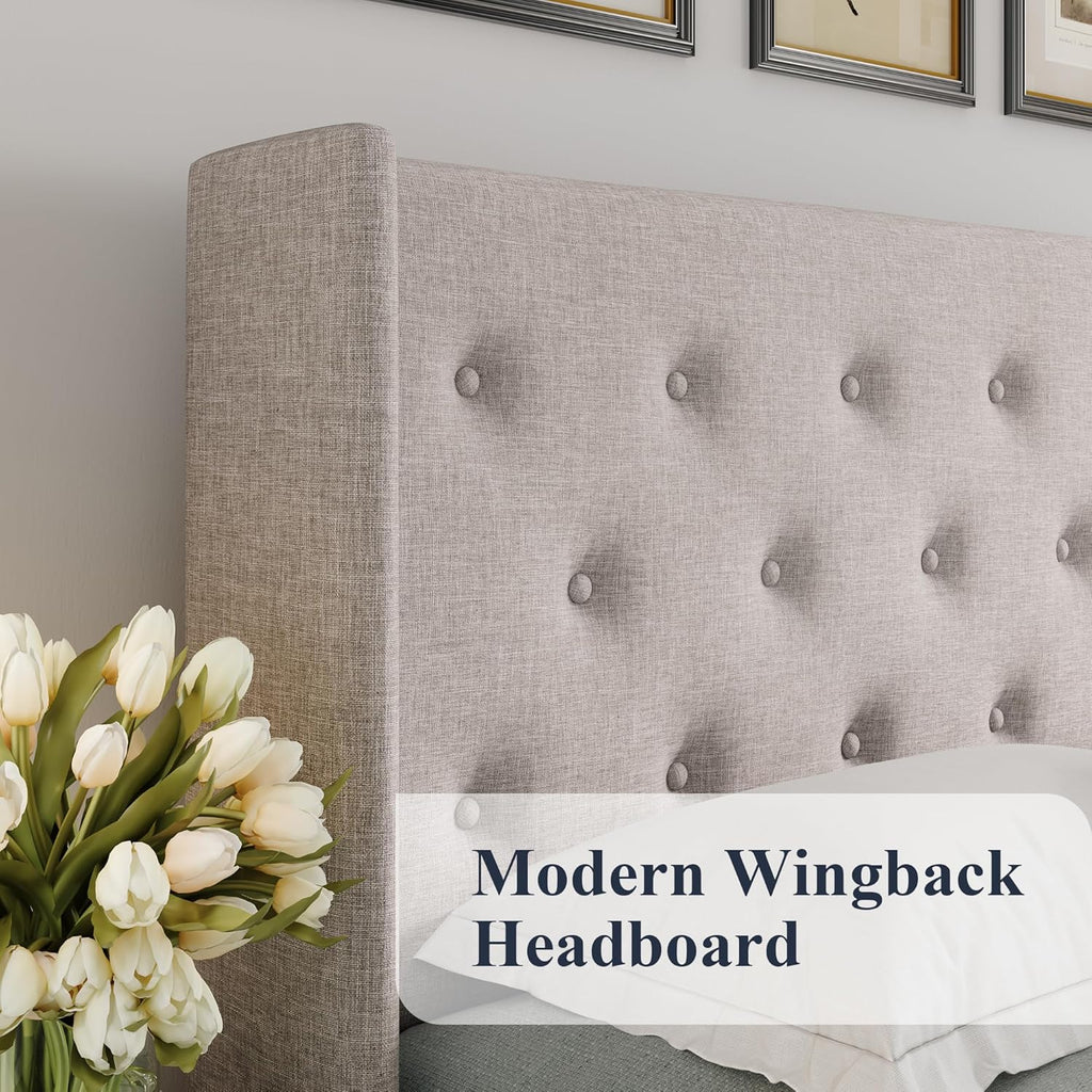 Queen Size Lift-Up Storage Bed With Wingback Headboard, Upholstered Platform Bed Frame With Hidden Storage