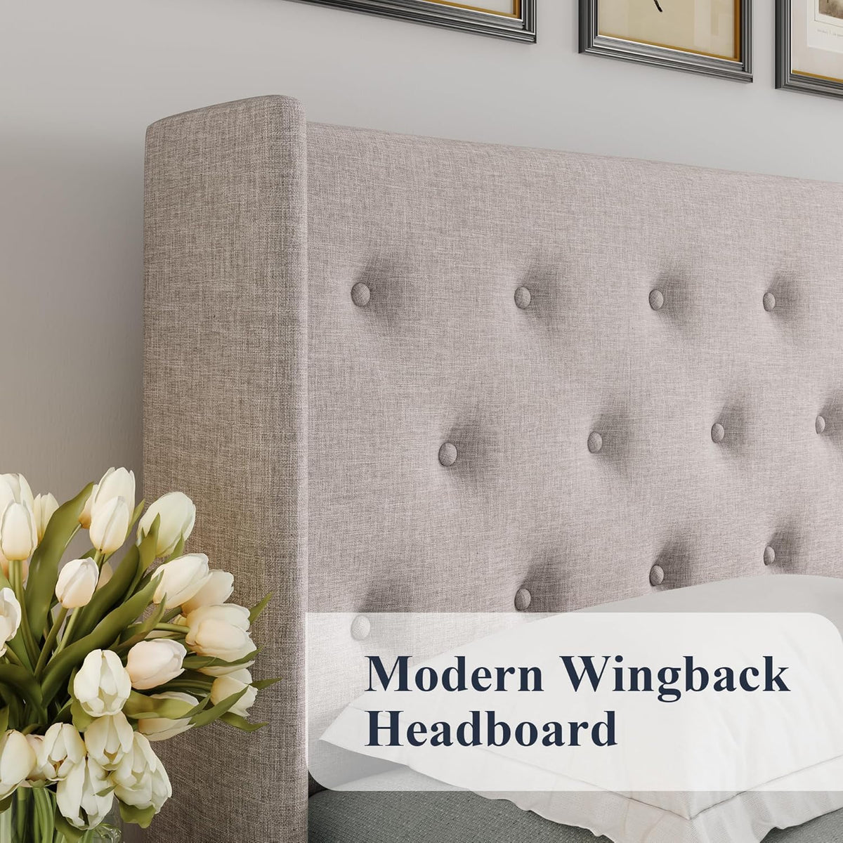 Queen Size Lift-Up Storage Bed With Wingback Headboard, Upholstered Platform Bed Frame With Hidden Storage
