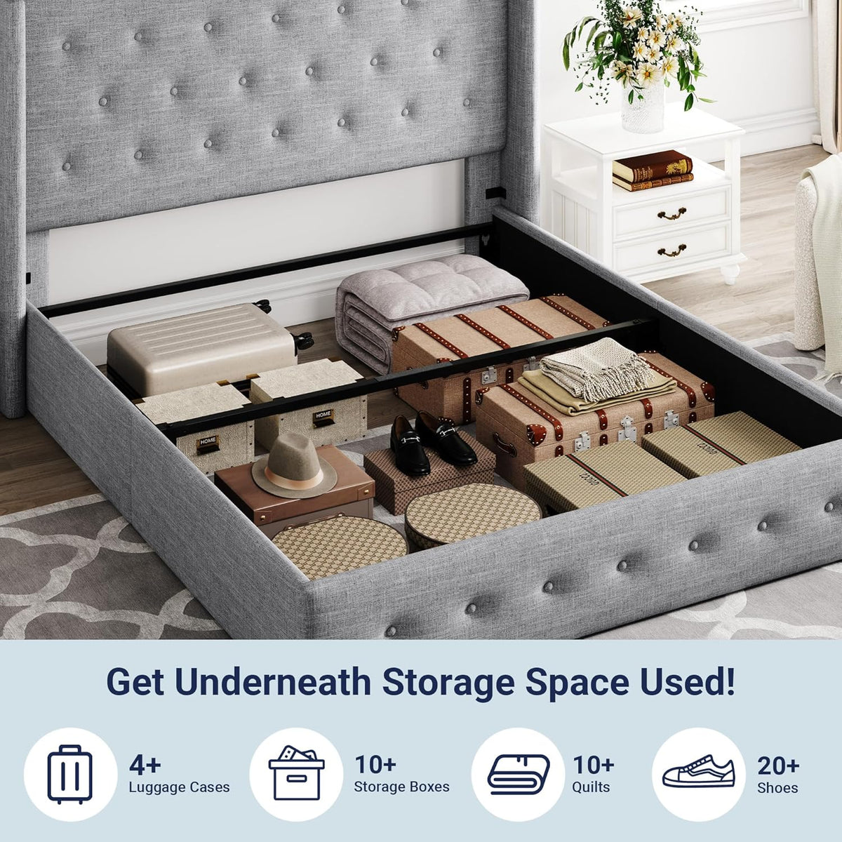 Queen Size Lift-Up Storage Bed With Wingback Headboard, Upholstered Platform Bed Frame With Hidden Storage