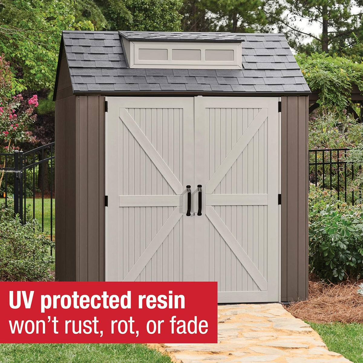 Rubbermaid Resin Outdoor Storage Shed With Floor, 7 x 7 Ft, Gray
