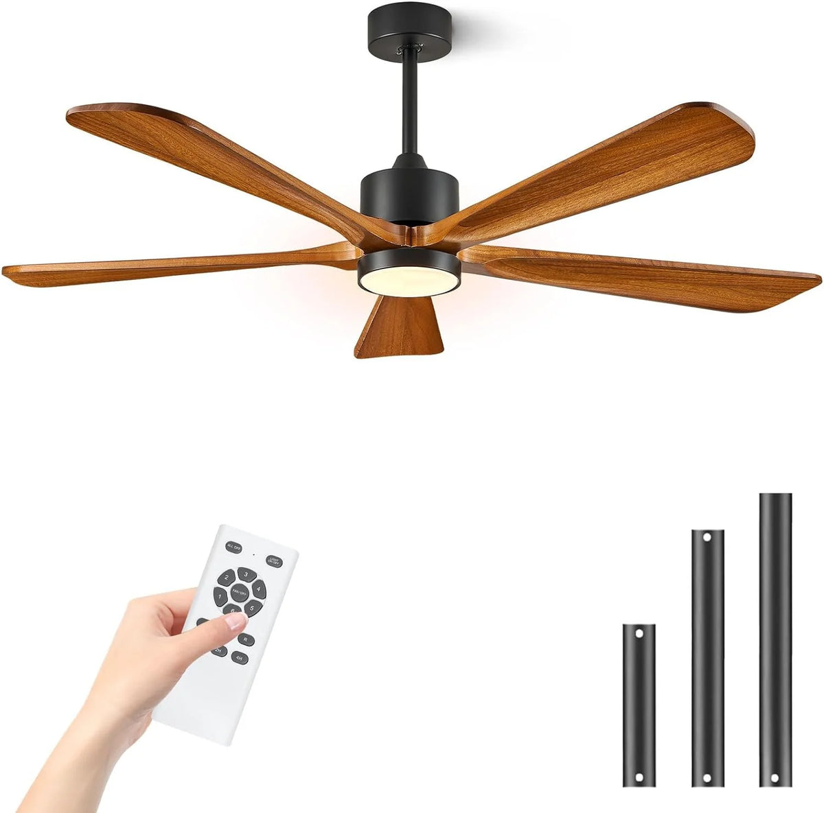 BOOSANT 60 inch Ceiling Fan With LED Light, 5 Solid Wood Blades, 6 Speeds, Deep Brown - 8727