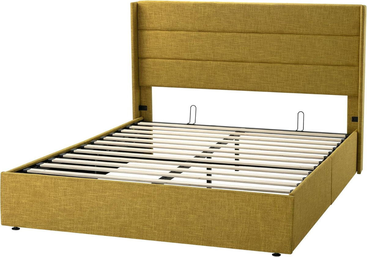 Queen Size Lift-Up Storage Bed With Wingback Headboard, Upholstered Platform Bed Frame With Hidden Storage