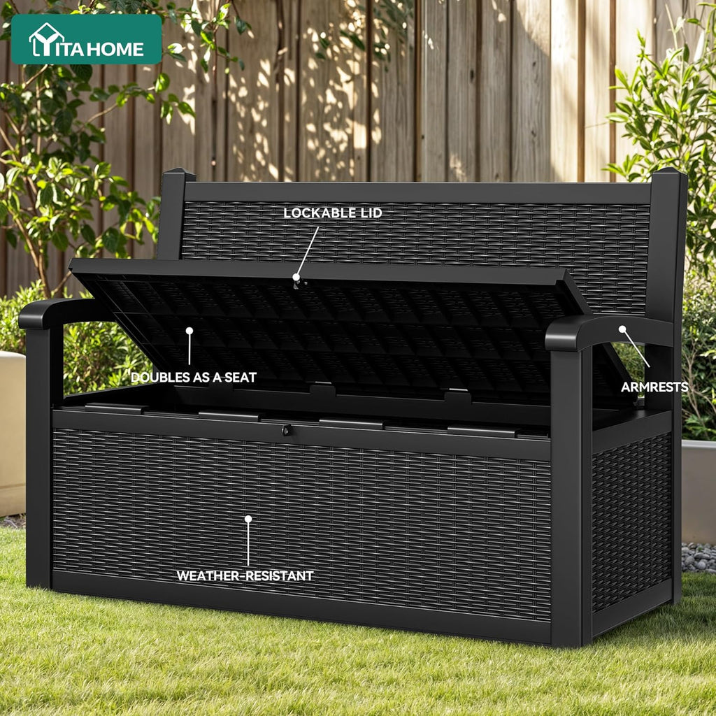 YITAHOME Outdoor Storage Bench With Armrests, 70-Gallon, Black