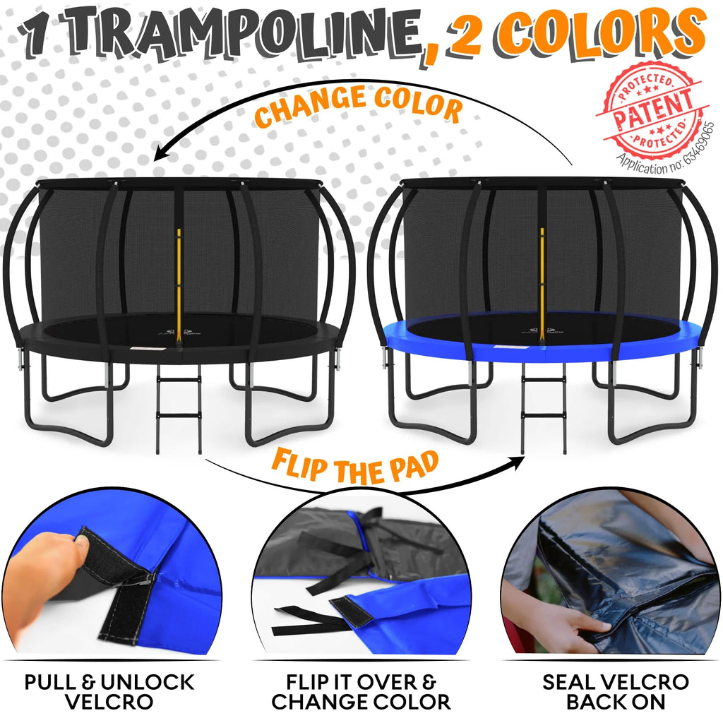 JUMPZYLLA Outdoor Trampoline With Enclosure, 8FT, Black & Blue - 14FT