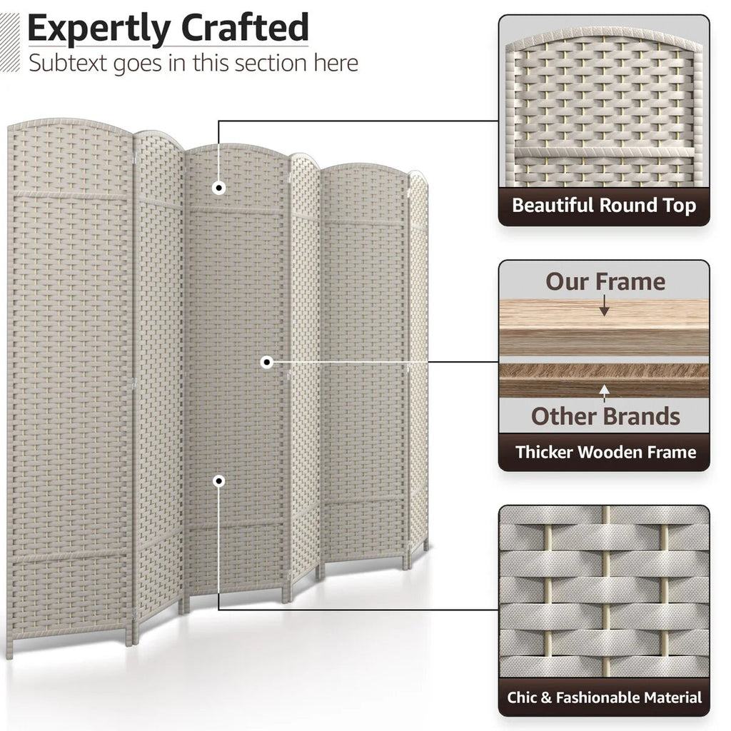 6-Panel Room Divider Privacy Screen With Hand-Woven Mesh Panels - 6 Ft Tall