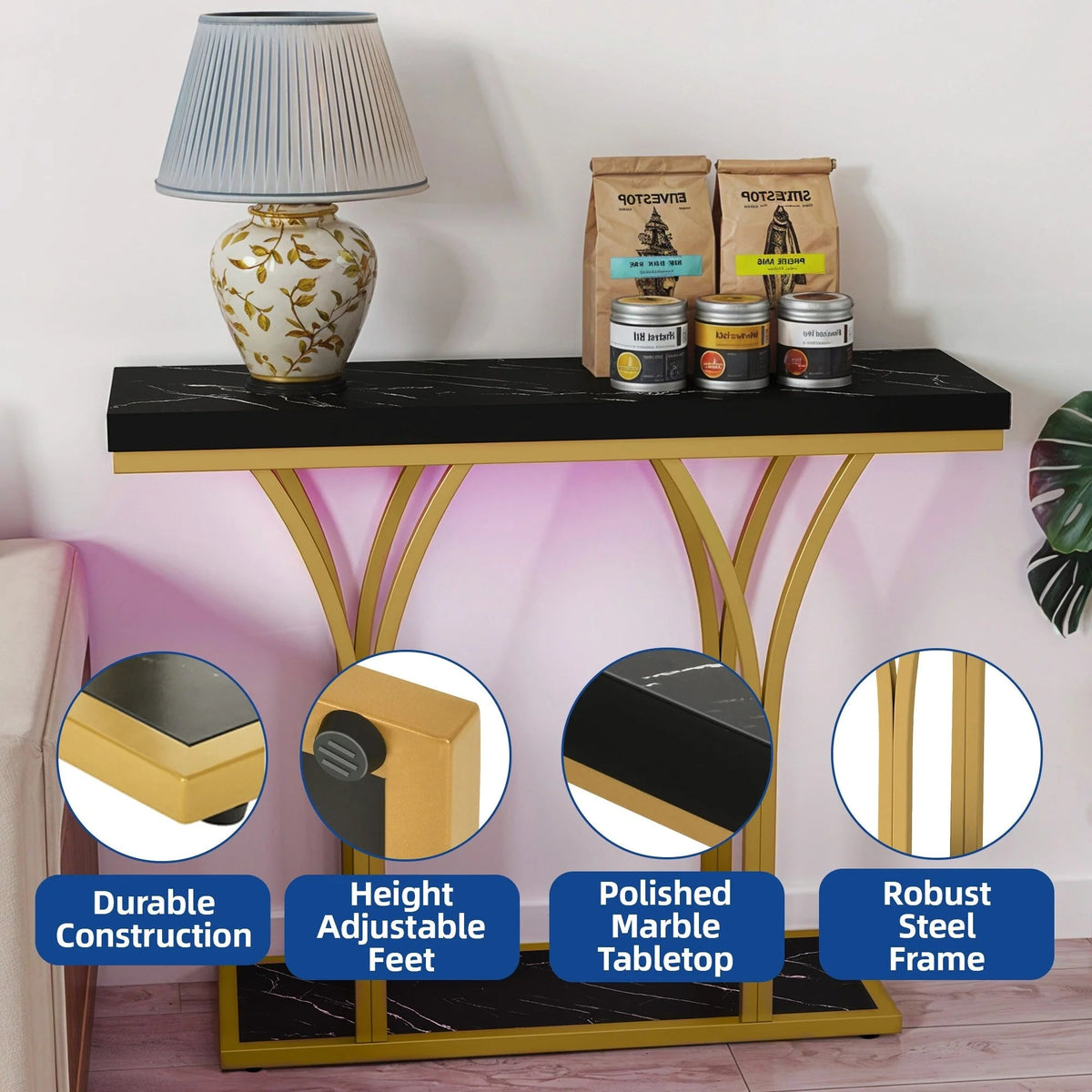 Console Table With Faux Marble MDF Top And Gold Metal Frame