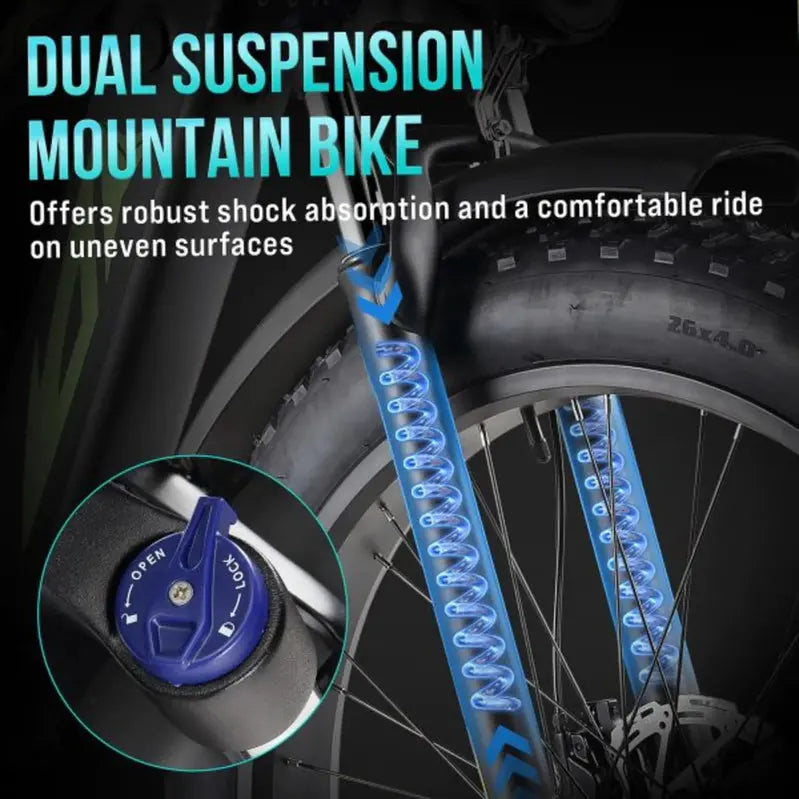 1000W Full-Suspension Fat Tire E-Bike, 26-Inch, 48V, 17.5Ah, 7-Speed - Black