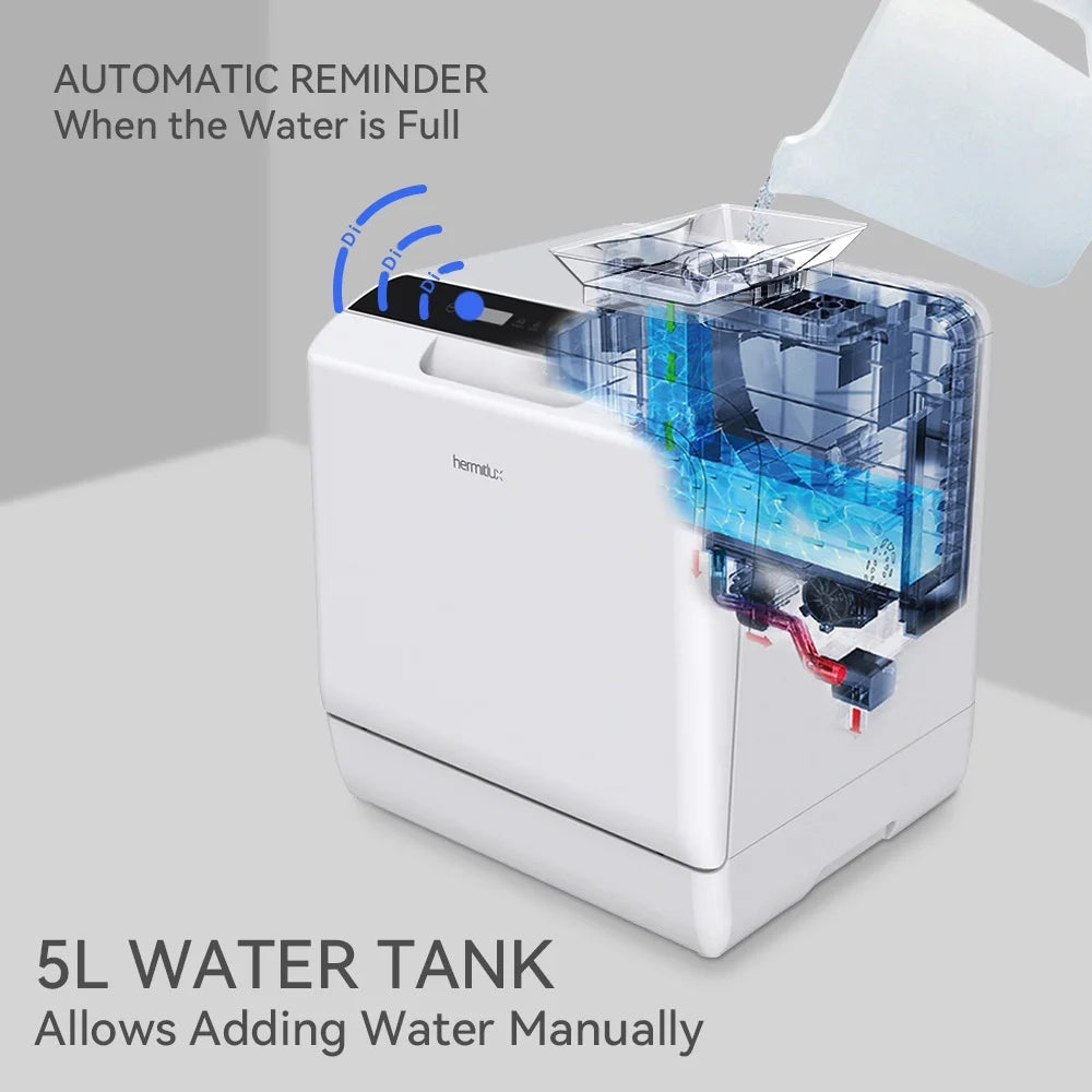 Hermitlux Portable Countertop Dishwasher, 5L Built-In Water Tank, 4 Place Settings - HMX-DW03