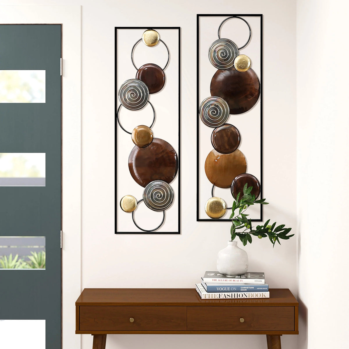Metal Wall Decor Set, Gold And Brown, 2 Panels, 36.1 in H x 11.8 in W x 1.4 in D