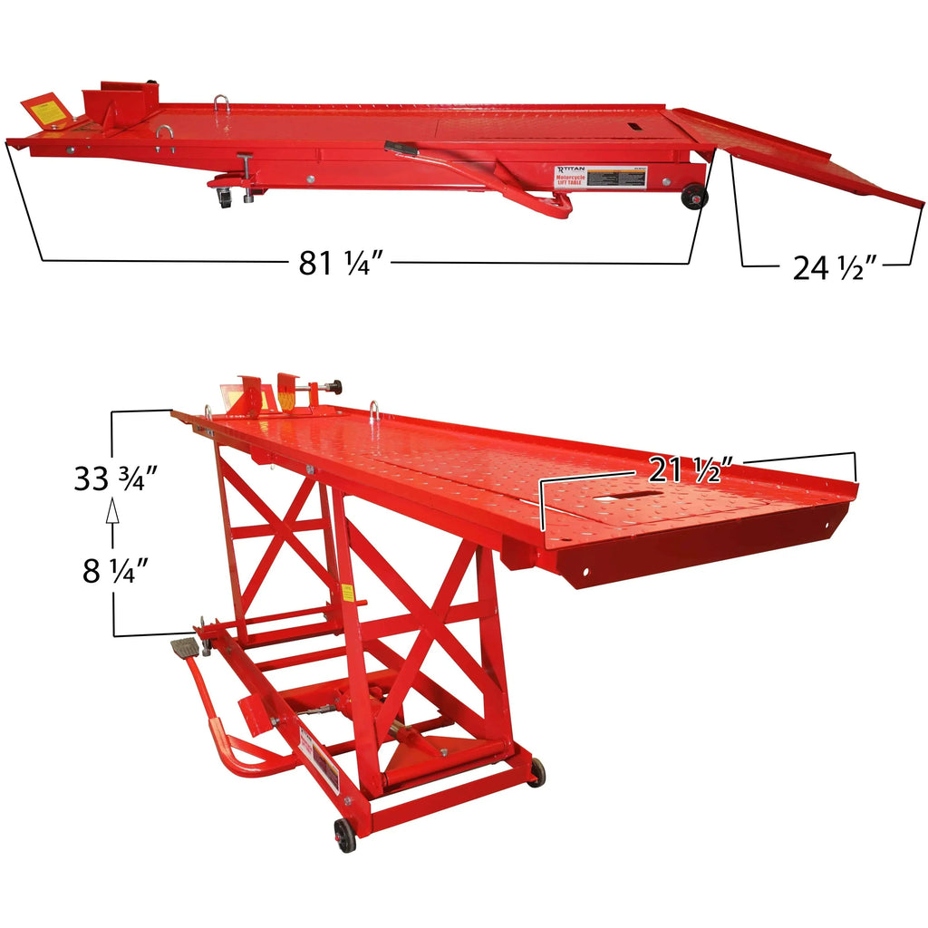 Hydraulic Motorcycle Lift Table 1,000 lb, 86.5 x 26.75 in Platform, 195mm-835mm Height, 26 in Ramp