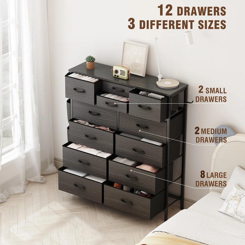 12-Drawer Fabric Dresser With Wood Top And Metal Frame