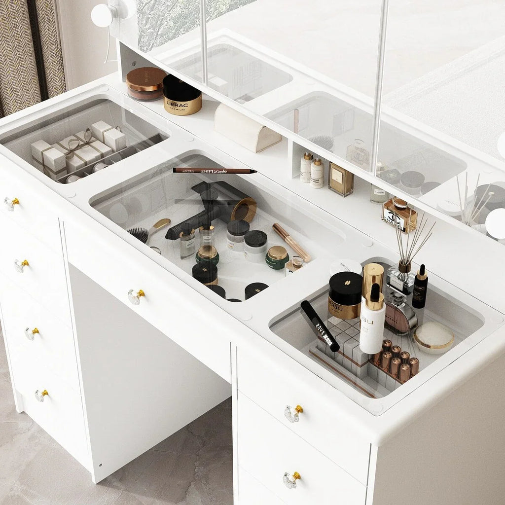 Makeup Vanity Dresser With Tri-Fold Mirror, Glass Top And 15 Bulbs - 40.2 x 53.6 x 19.7