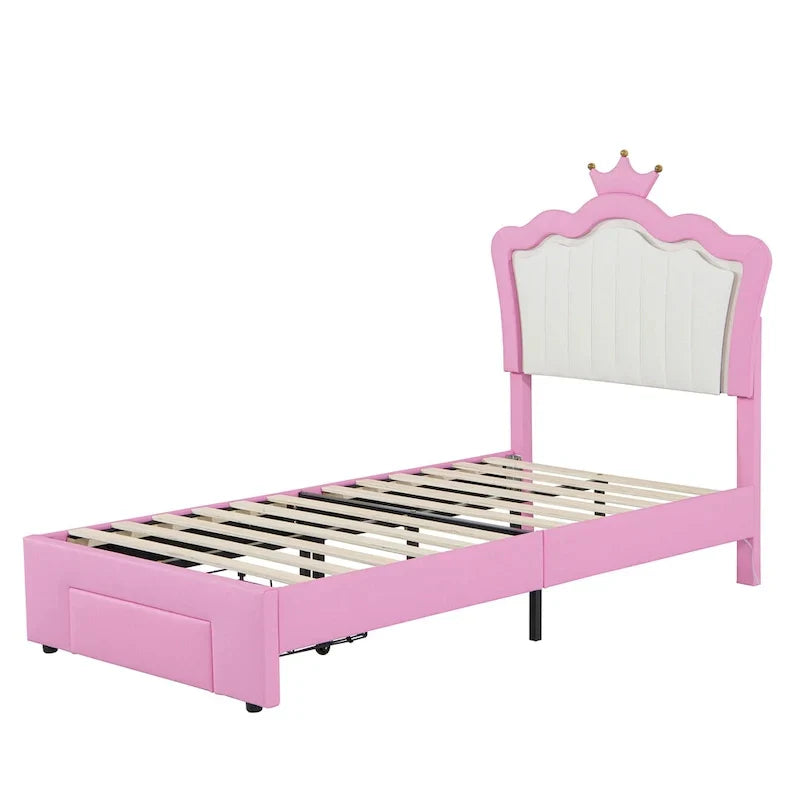 Twin Upholstered Bed Frame With LED Lights, Crown Headboard, Drawer, Pink+White - 76.8L x 44.1W x 51H