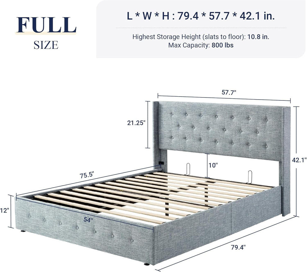 Queen Size Lift-Up Storage Bed With Wingback Headboard, Upholstered Platform Bed Frame With Hidden Storage