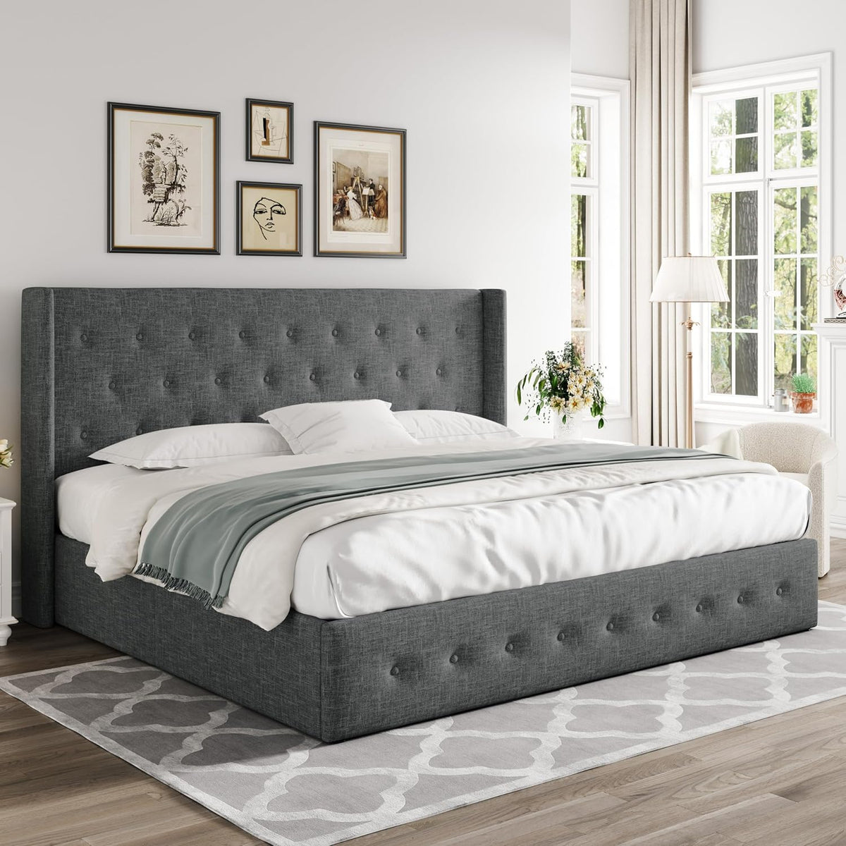 Queen Size Lift-Up Storage Bed With Wingback Headboard, Upholstered Platform Bed Frame With Hidden Storage