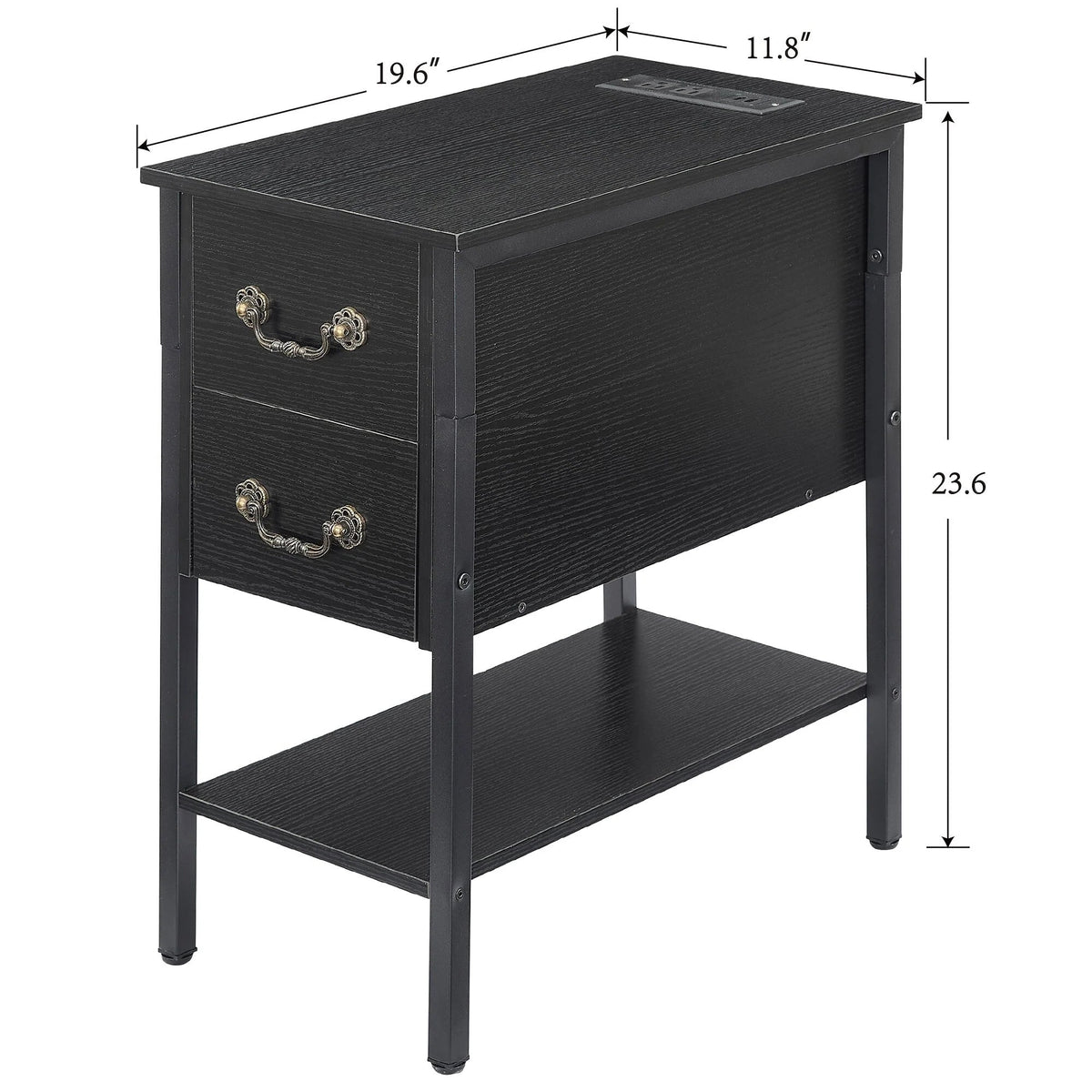 Narrow End Table With Charging Station, 2 Drawers, 19.6 in L x 11.8 in W x 23.6 in H, Gray/Black - 1-pcs / 2-pcs