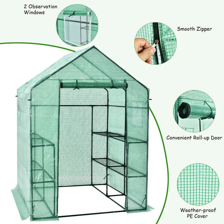 Walk-In Garden Greenhouse With Observation Windows, 56 in x 56 in x 77 in, 8 Shelves, Green