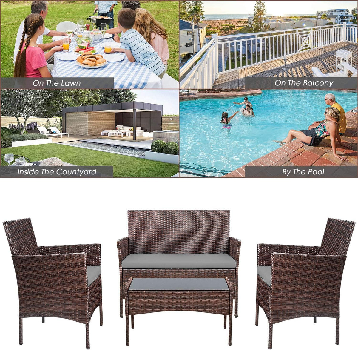 4-Piece Patio Rattan Wicker Furniture Set - T-LCRF834M18