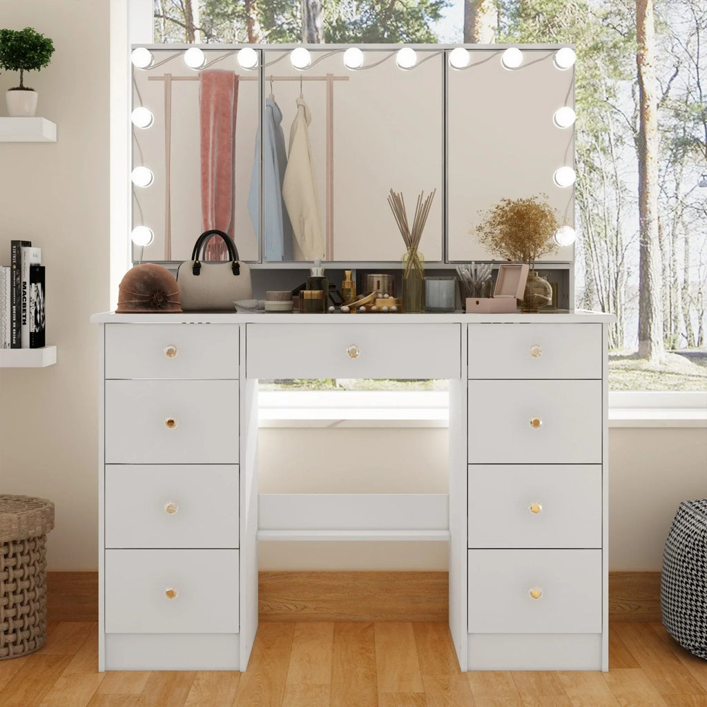 Makeup Vanity Dresser With Tri-Fold Mirror, Glass Top And 15 Bulbs - 40.2 x 53.6 x 19.7