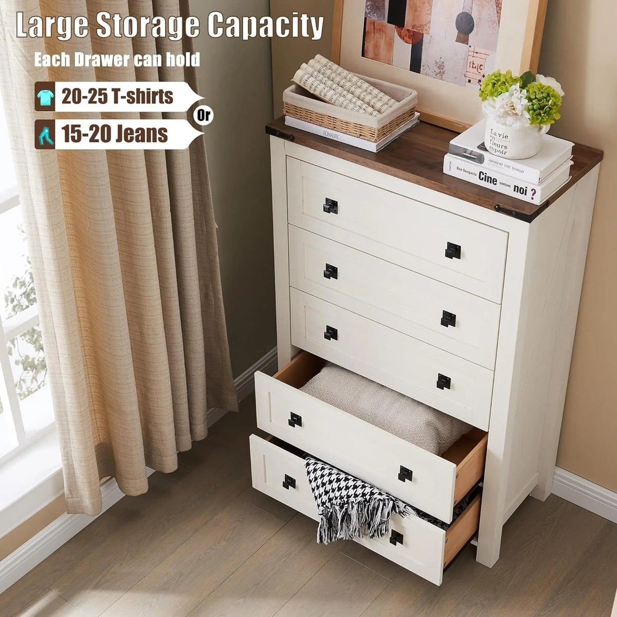 Farmhouse Engineered Wood 5-Drawer Dresser, 15.75in D x 31.25in W x 48in H