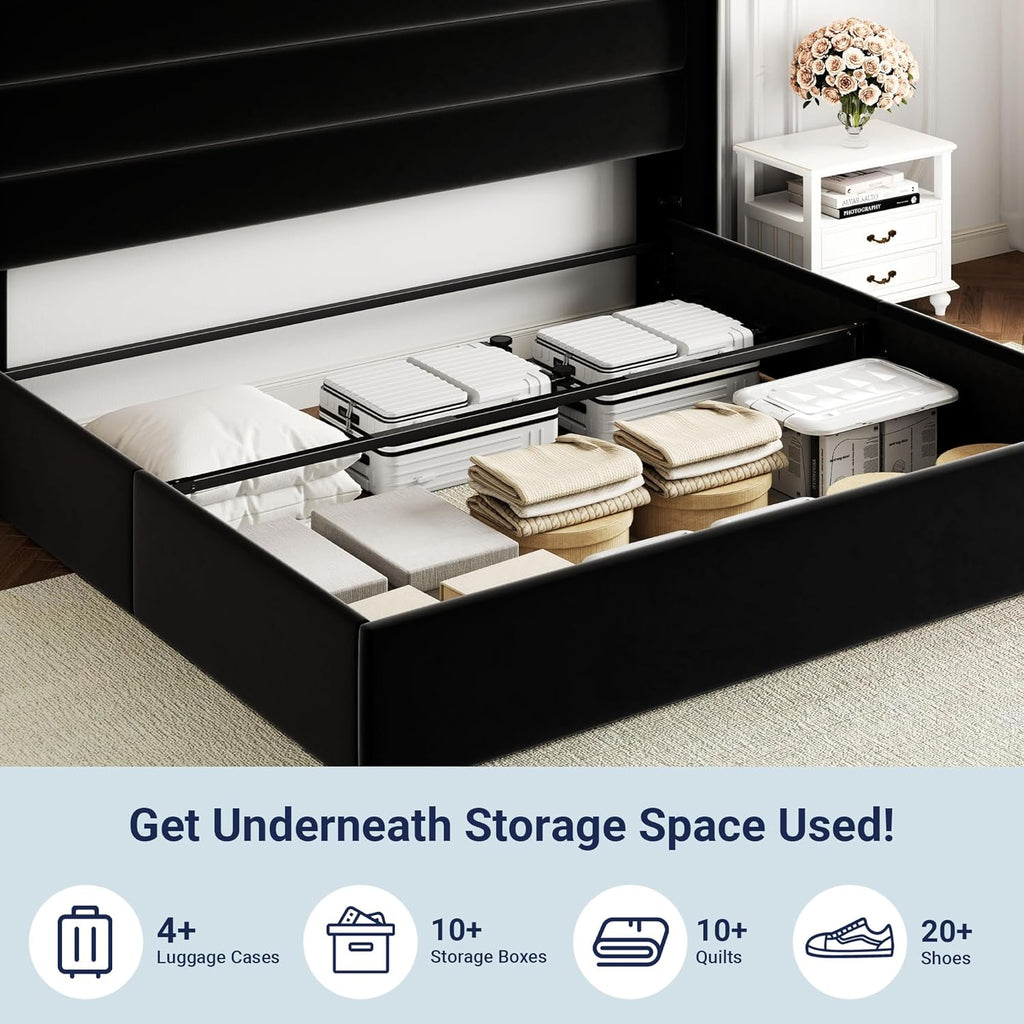 Queen Size Lift-Up Storage Bed With Wingback Headboard, Upholstered Platform Bed Frame With Hidden Storage