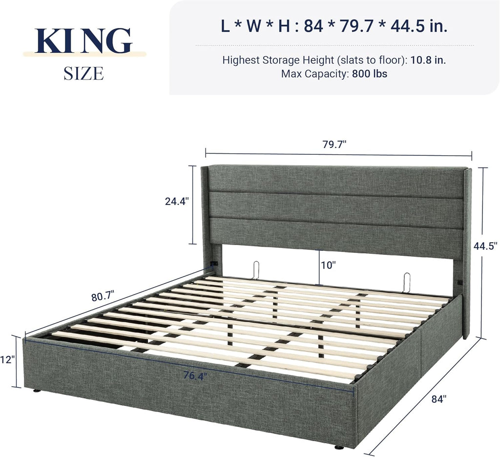 Queen Size Lift-Up Storage Bed With Wingback Headboard, Upholstered Platform Bed Frame With Hidden Storage