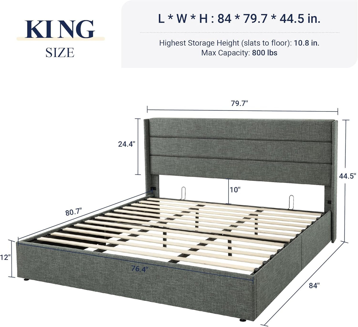 Queen Size Lift-Up Storage Bed With Wingback Headboard, Upholstered Platform Bed Frame With Hidden Storage