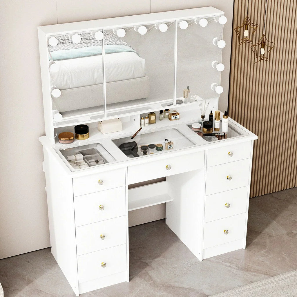 Makeup Vanity Dresser With Tri-Fold Mirror, Glass Top And 15 Bulbs - 40.2 x 53.6 x 19.7