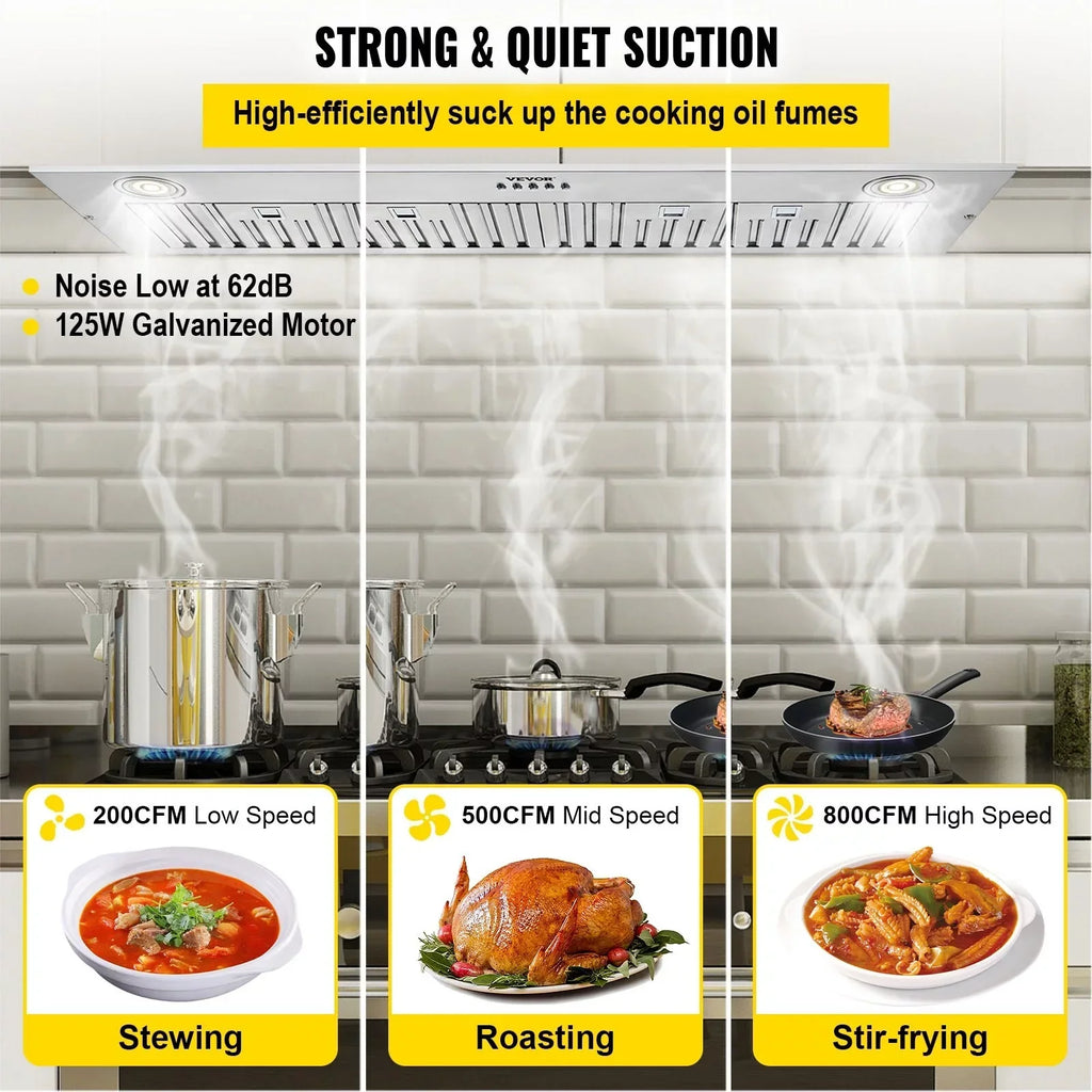 VEVOR Built-In Insert Range Hood, 800 CFM, 3-Speed, Stainless Steel, 30In