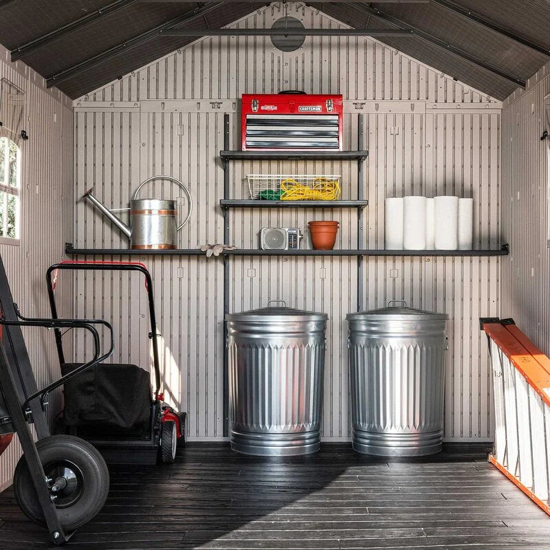 Plastic Storage Shed, 8 ft. W x 12.5 ft. D, Desert Tan And Dark Brown