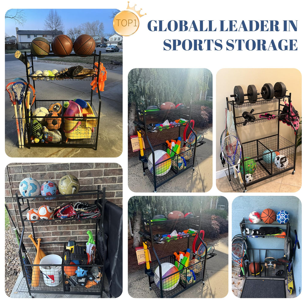 Garage Sports Equipment Storage Organizer, Steel, 36.2in x 16.5in x 44.3in - 2 Bins, 1 Basket, 1 Ball Rack