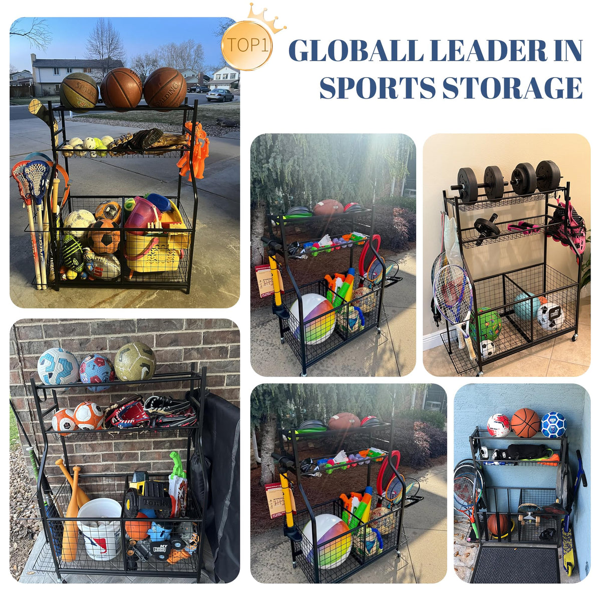 Garage Sports Equipment Storage Organizer, Steel, 36.2in x 16.5in x 44.3in - 2 Bins, 1 Basket, 1 Ball Rack