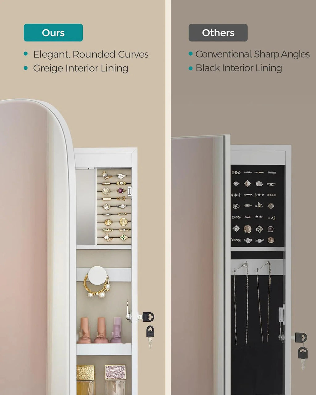 LED Wall-Mounted Jewelry Organizer Cabinet With Mirror - 3.9 in D x 16.5 in W x 42.5 in H
