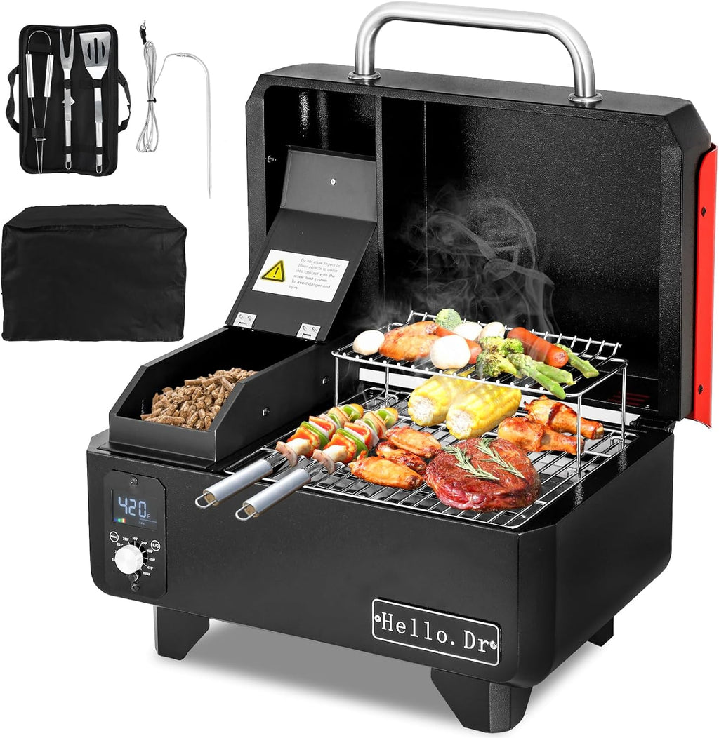 Hello.Dr Portable Wood Pellet Grill And Smoker, 8-In-1 Tabletop, Black - B0BWGXFY9H