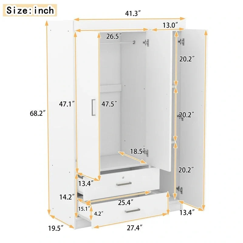 3-Door Mirror Wardrobe With Shelves And 2 Drawers - White Or Gray