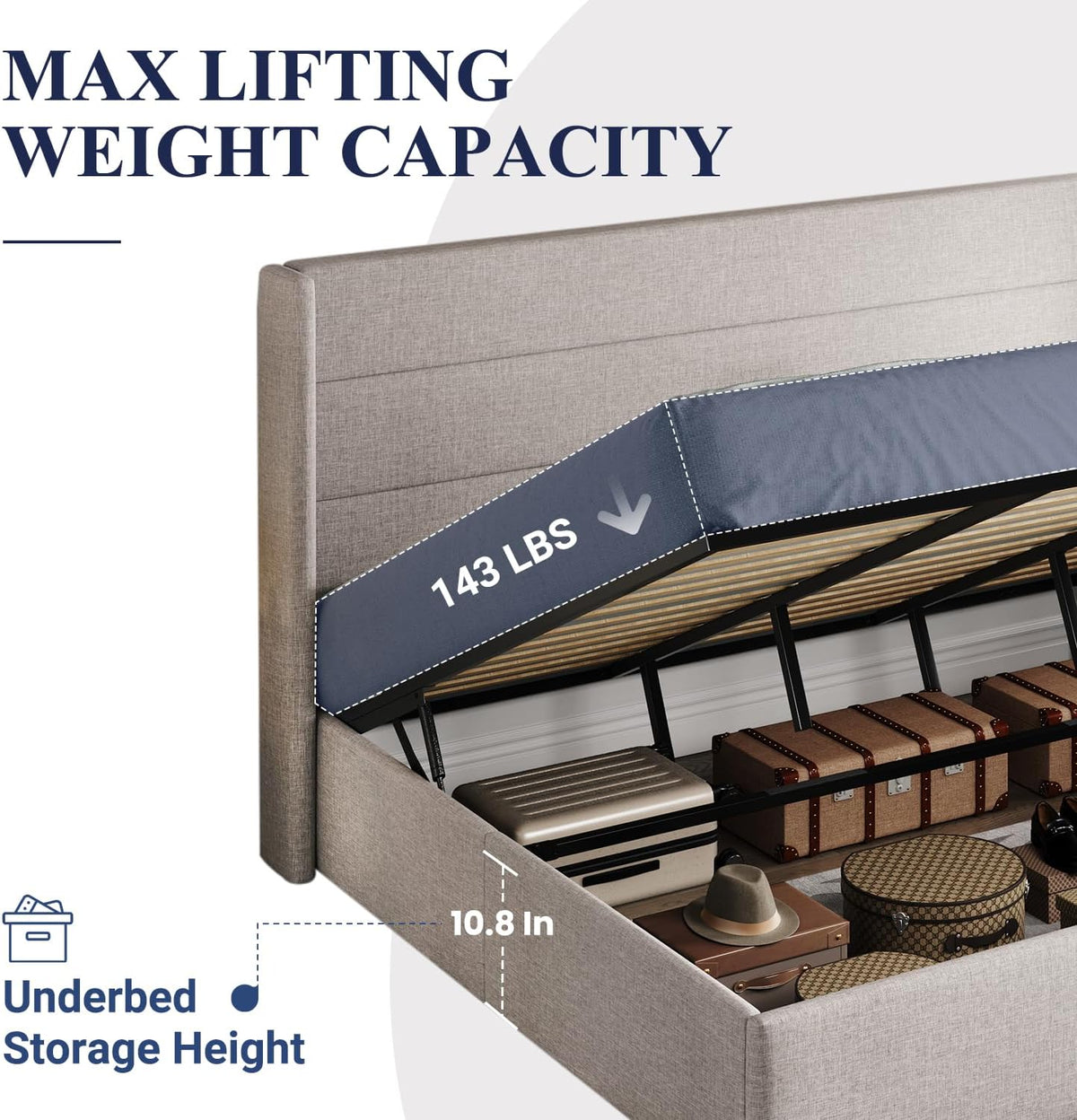 Queen Size Lift-Up Storage Bed With Wingback Headboard, Upholstered Platform Bed Frame With Hidden Storage