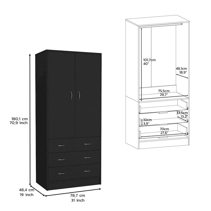 Devali Blue Double-Door Armoire With 3 Drawers And 1 Hanging Rod