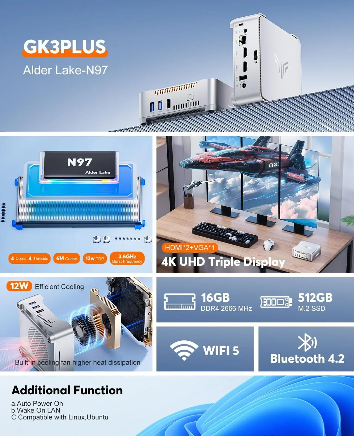 KAMRUI GK3Plus Mini PC 16GB RAM 512GB M.2 SSD - Intel Alder Lake N95