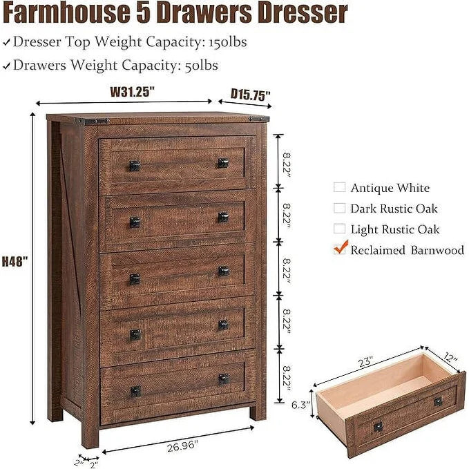 Farmhouse Engineered Wood 5-Drawer Dresser, 15.75in D x 31.25in W x 48in H