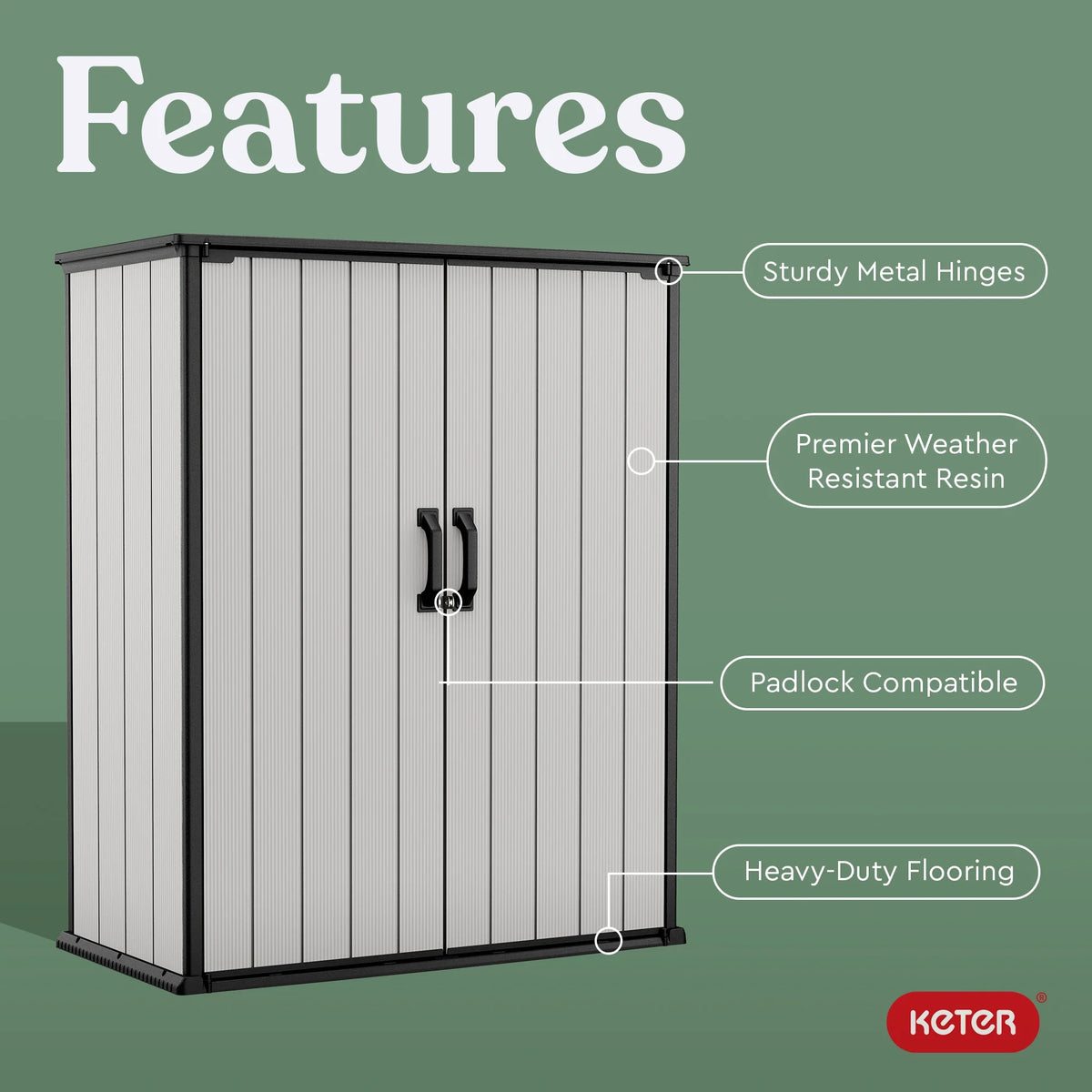 Keter Resin Outdoor Storage Shed With Floor And Locking Double Doors, Grey, 55.1 in L x 29 in W x 67.1 in H - Premier Tall