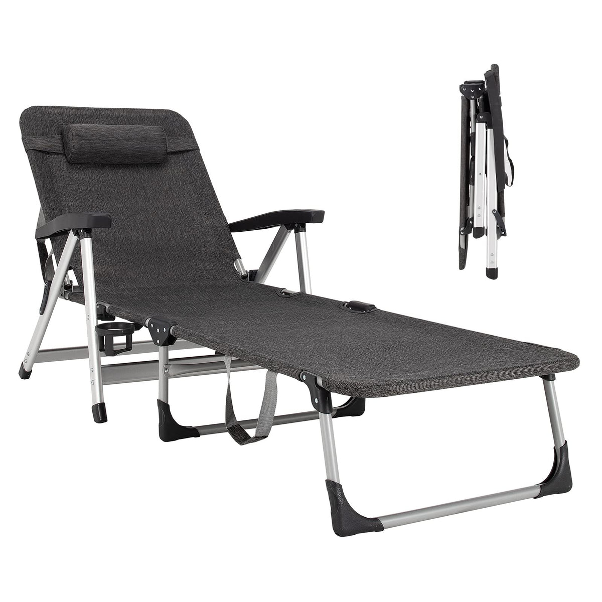 Folding Outdoor Chaise Lounge Chair With Cup Holder, Detachable Headrest, 330 lbs. Capacity - 53-75 in