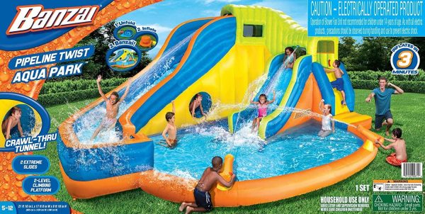 BANZAI Inflatable Aqua Splash Park With 2 Slides, 262 x 212 x 118 Inches - Pipeline Twist