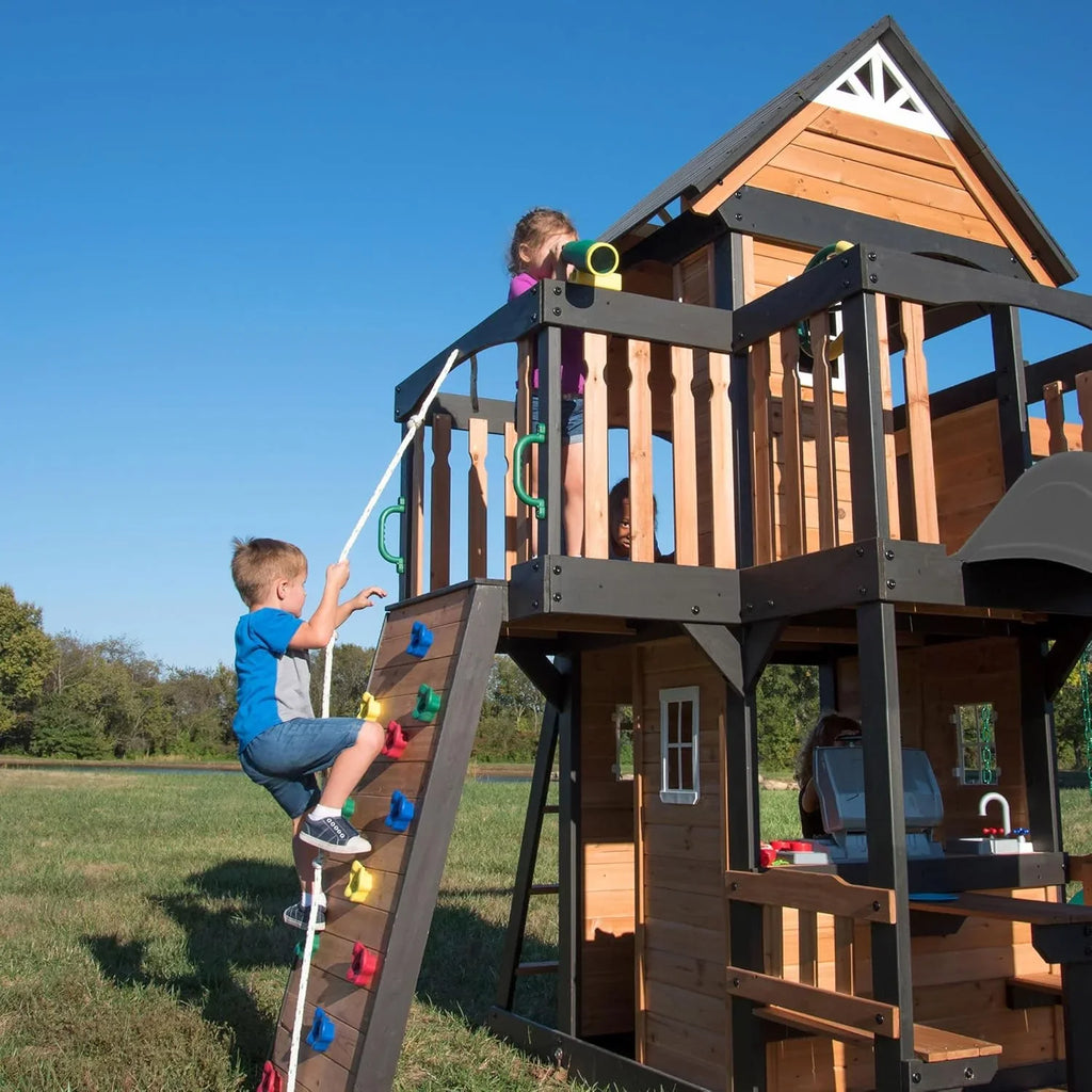 Backyard Discovery Cedar Wood Swing Set With Wave Slide, Clubhouse, Play Kitchen, Belt And Web Swings - Canyon Creek