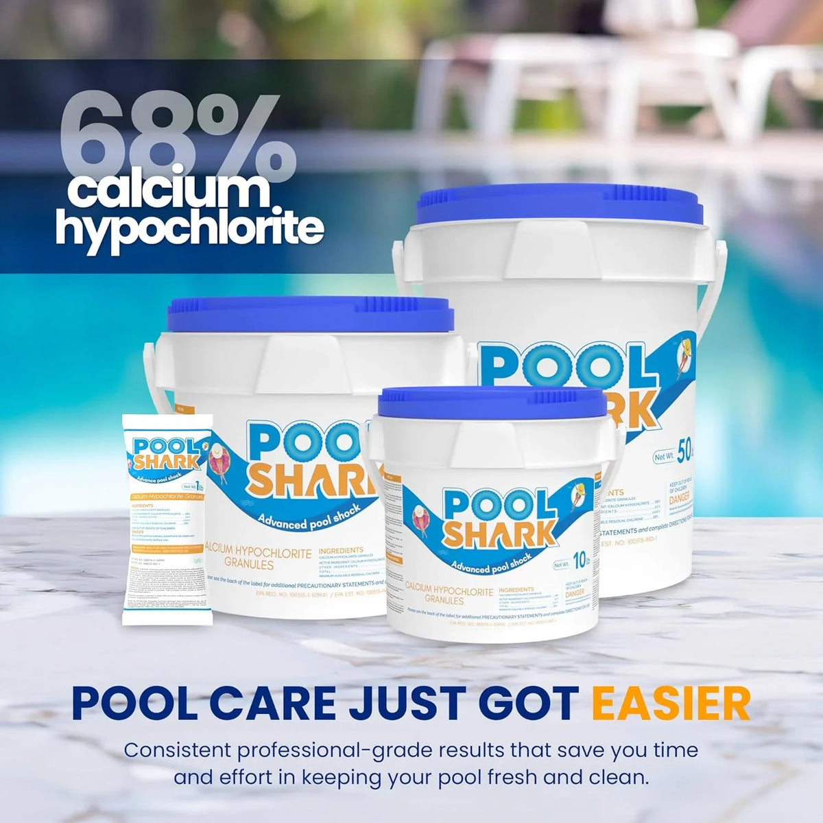 POOL SHARK Calcium Hypochlorite Pool Shock Chlorine Granules, 68%, 50 lbs - CH50