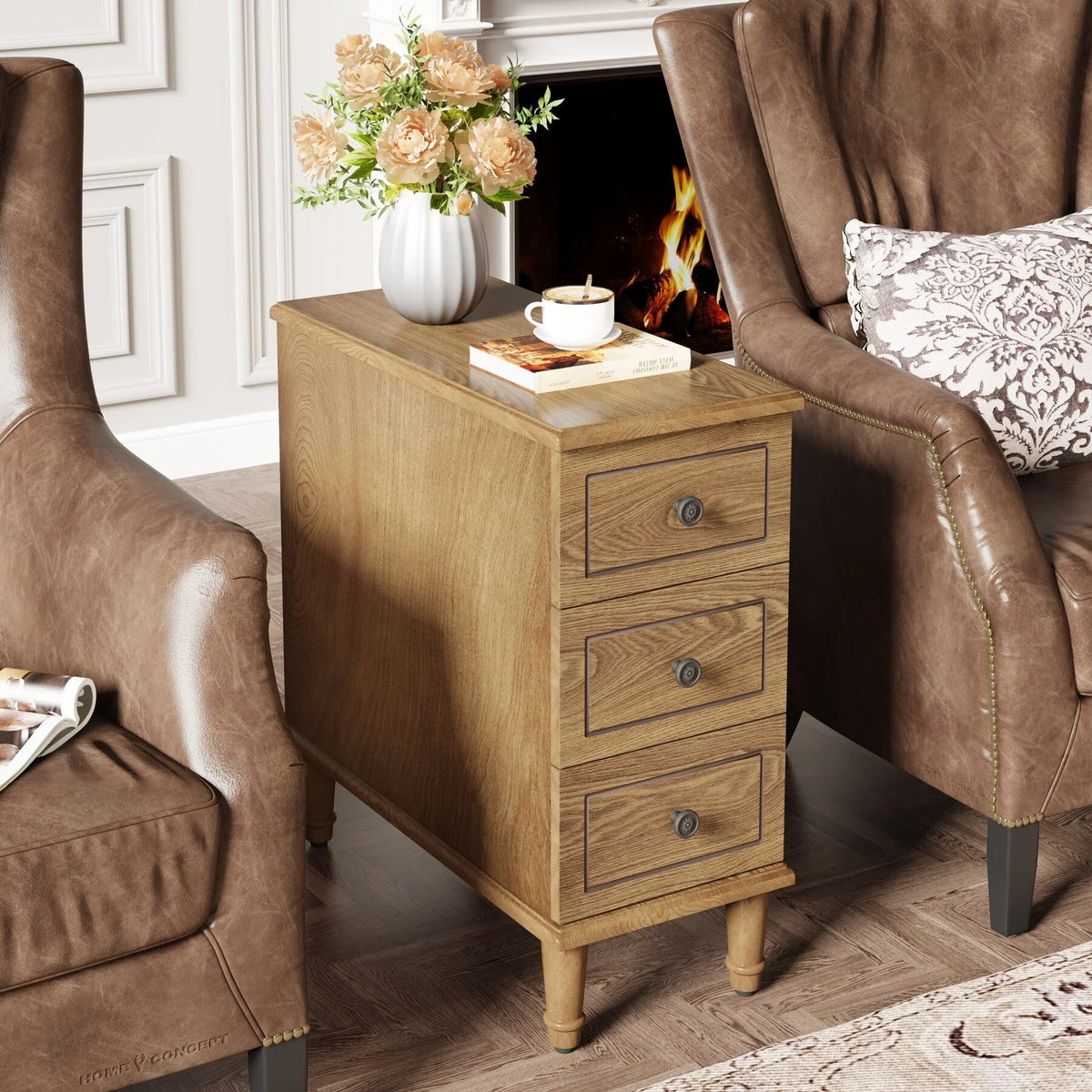 Solid Wood Narrow End Table With 3 Drawers - Fully Assembled