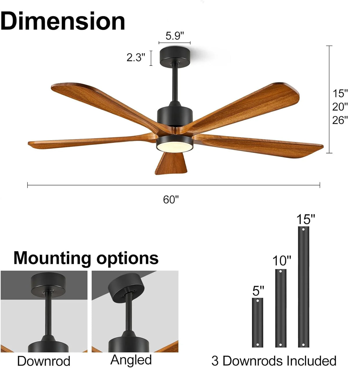 BOOSANT 60 inch Ceiling Fan With LED Light, 5 Solid Wood Blades, 6 Speeds, Deep Brown - 8727