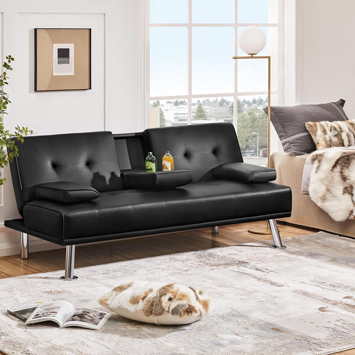 Yaheetech Convertible Faux Leather Sofa Bed, 3 Angles, 772lb Capacity, Black