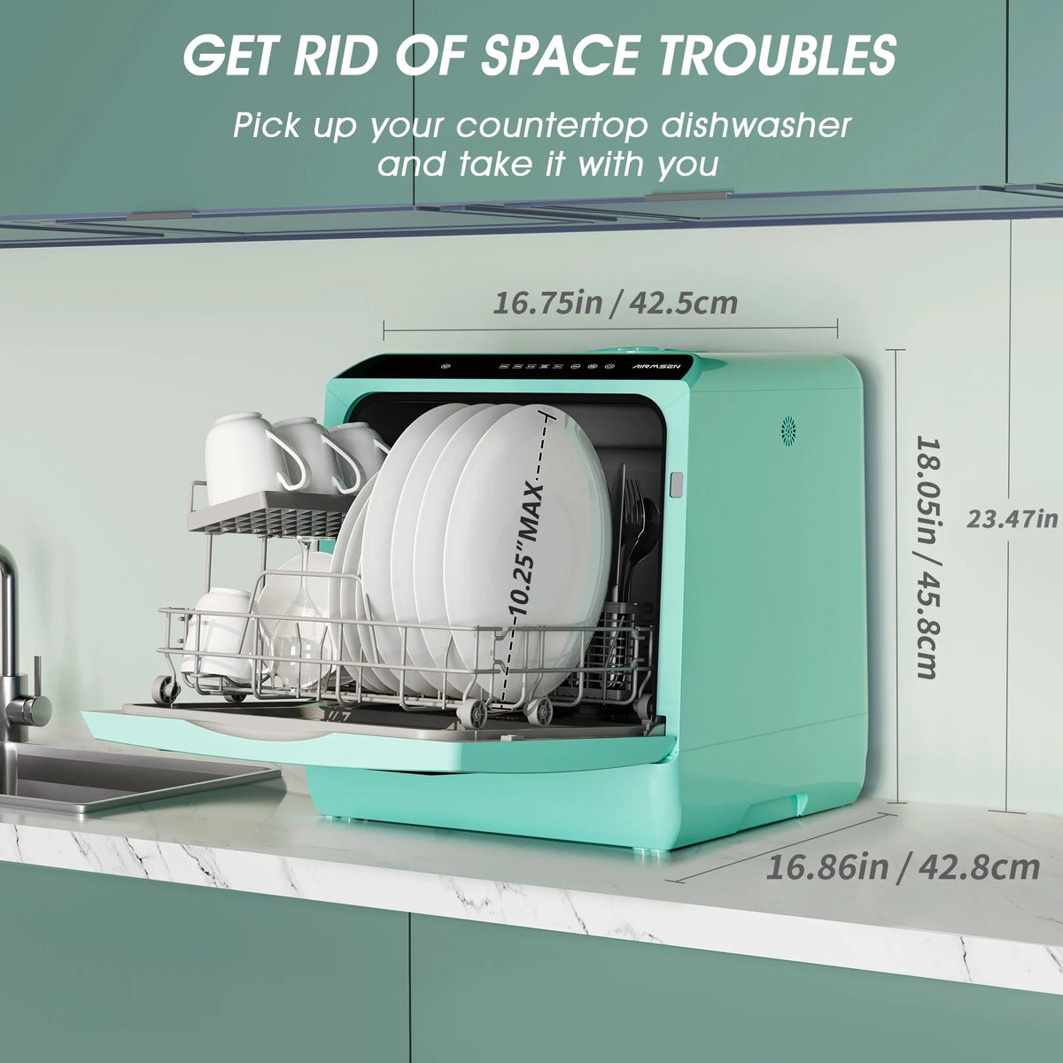 AIRMSEN Portable Countertop Dishwasher With 5L Built-In Water Tank And 5 Washing Programs - AE-TDQR03
