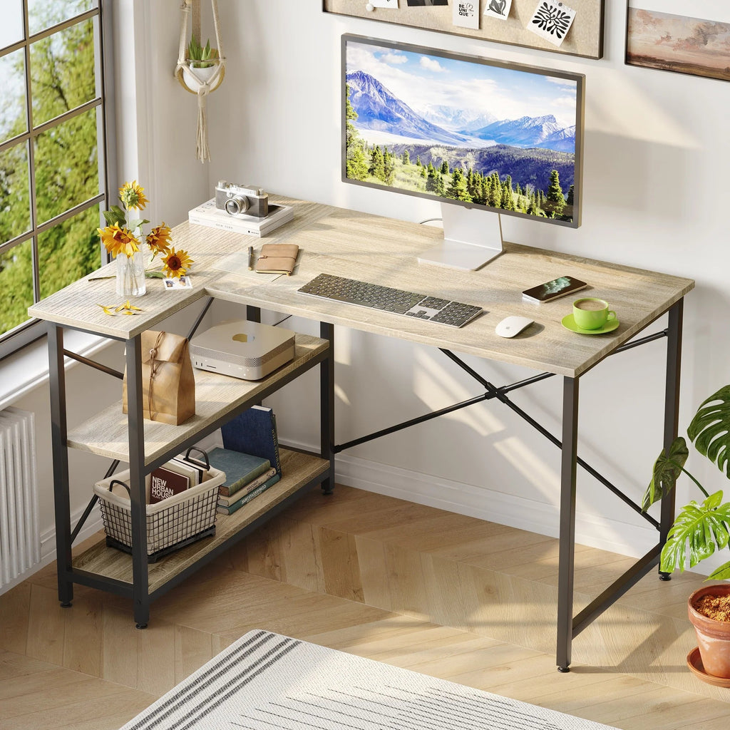 Small L-Shaped Computer Desk With Reversible Storage Shelves - 55-Inch / 47-Inch