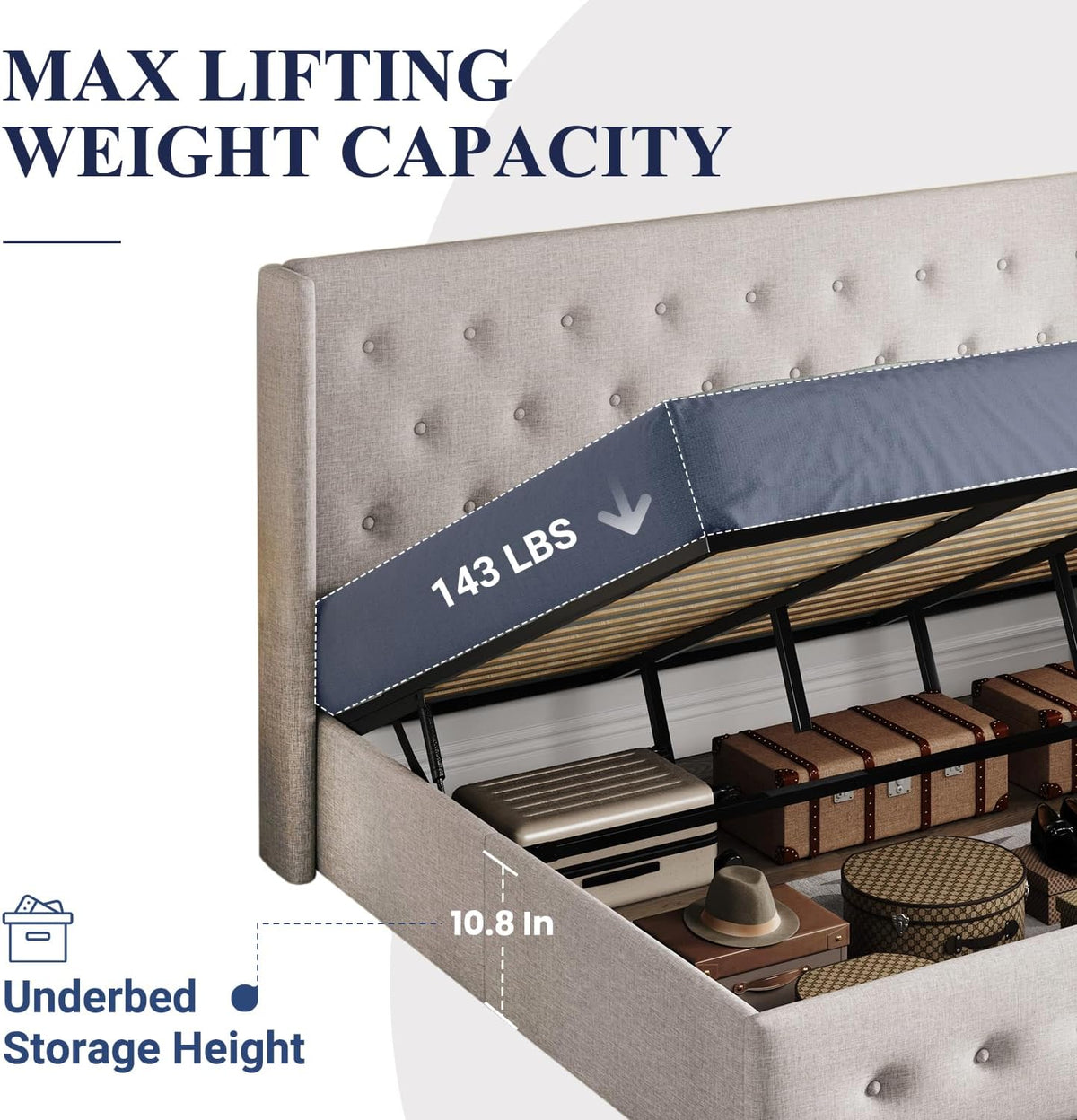 Queen Size Lift-Up Storage Bed With Wingback Headboard, Upholstered Platform Bed Frame With Hidden Storage
